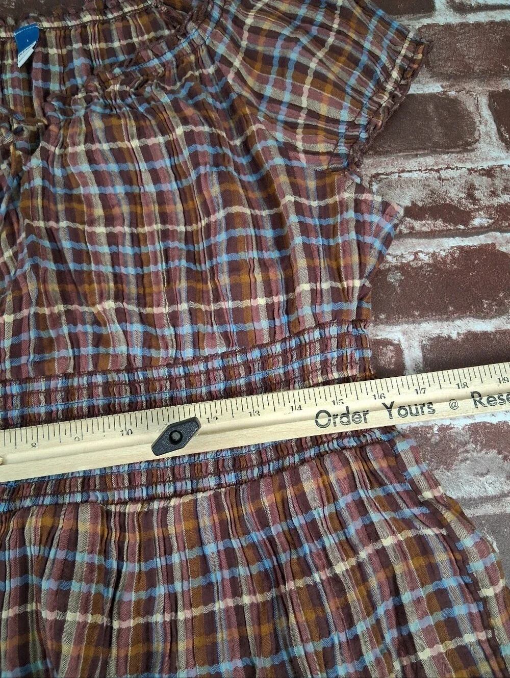 Off Shoulder Cottagecore Shirred Blouse L Brown Plaid Milk Maid Stretch Country